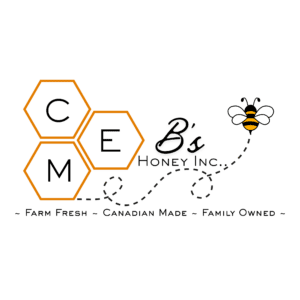Logo of CME Honey & Bee Farms with a bee and honeycomb design.