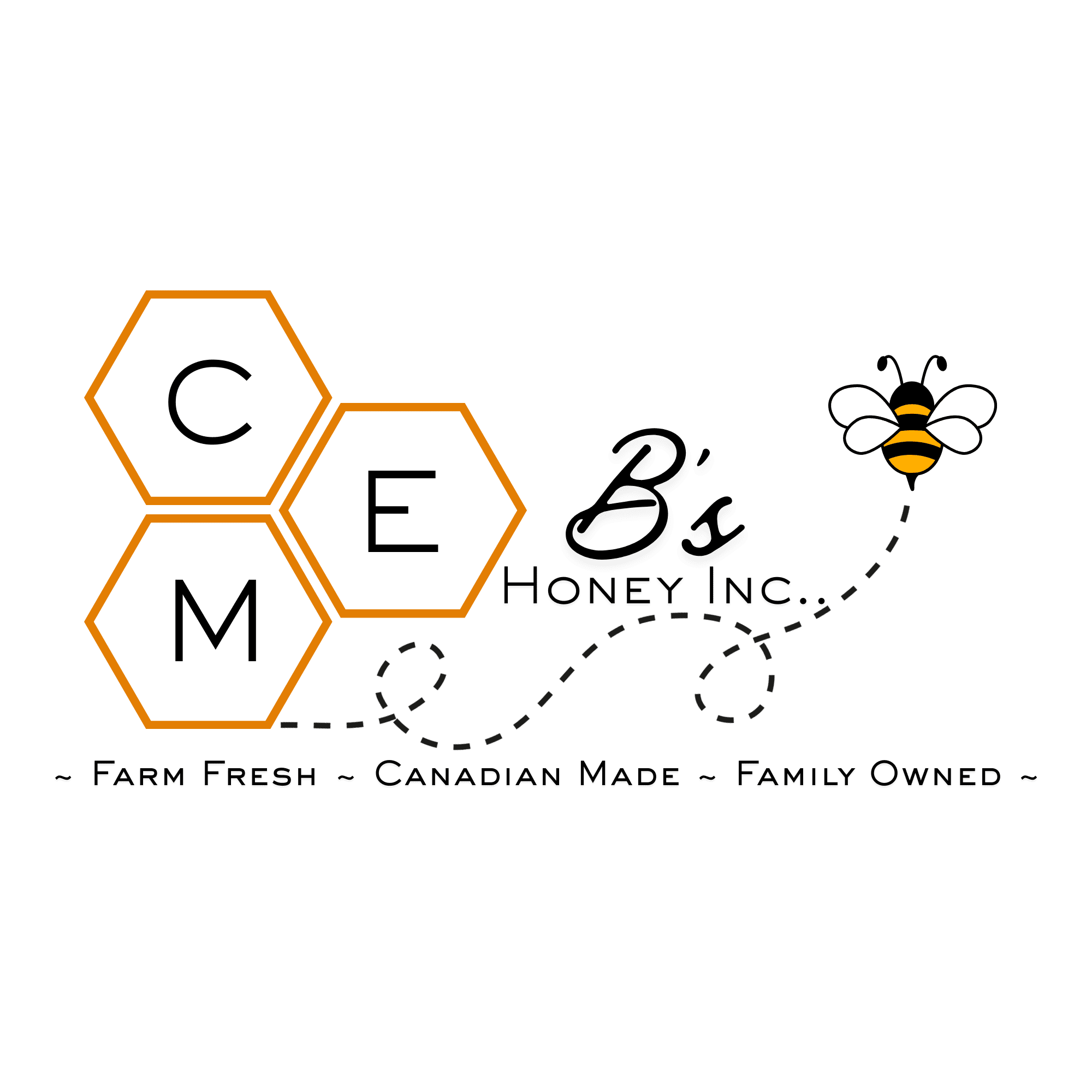 Logo of CME Honey & Bee Farms with a bee and honeycomb design.