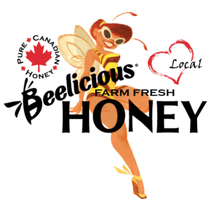 A whimsical bee with a honey dipper and flower, logo for "Delicious Farm Honey."