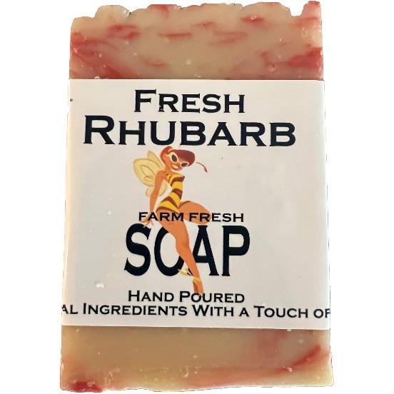 Bar of fresh rhubarb scented soap with natural ingredients.