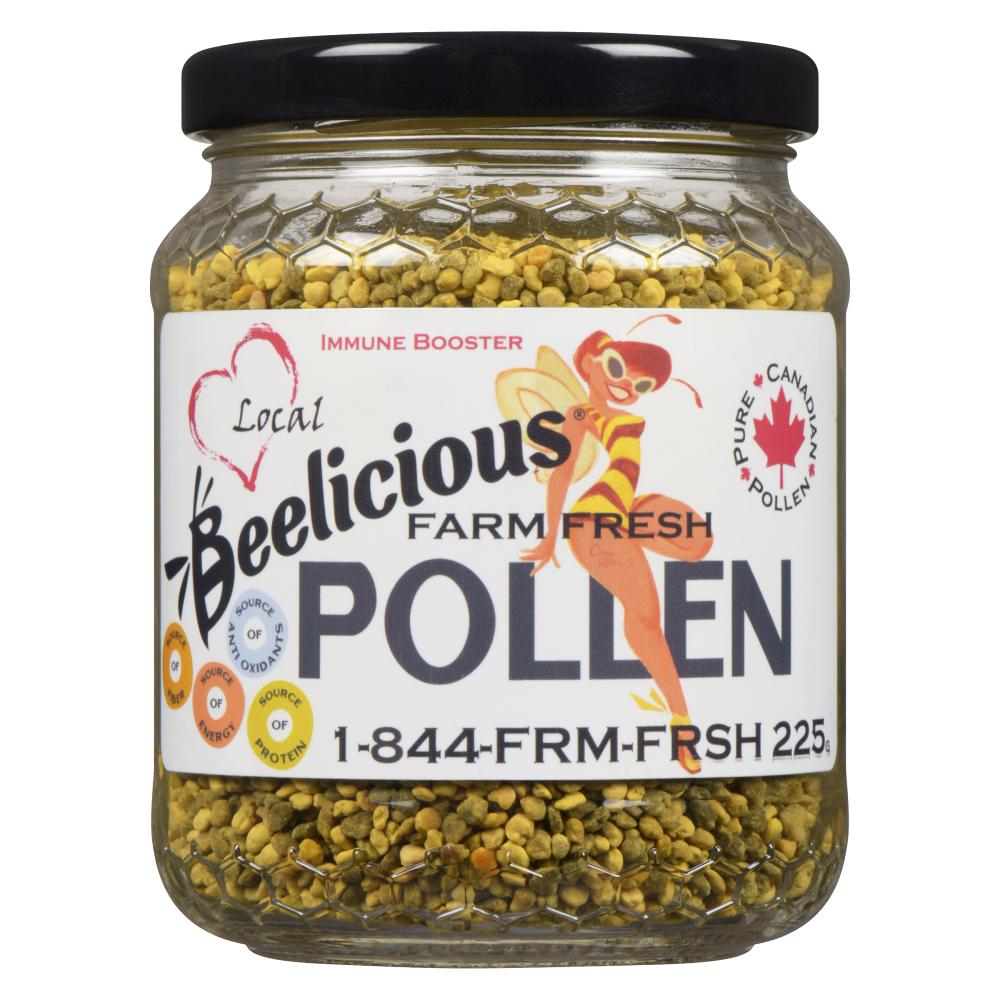 Jar of Beelicious farm fresh pollen with honeycomb background.
