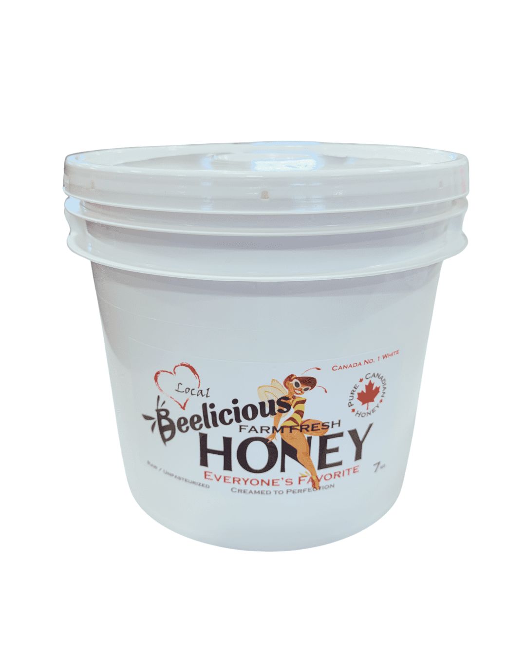 A large white plastic bucket labeled 'Beelicious Raw Honey'.