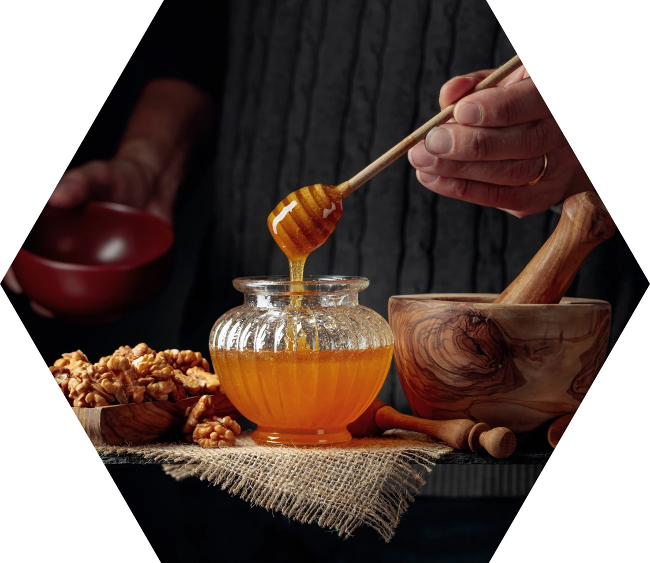 Fresh honey and walnuts display