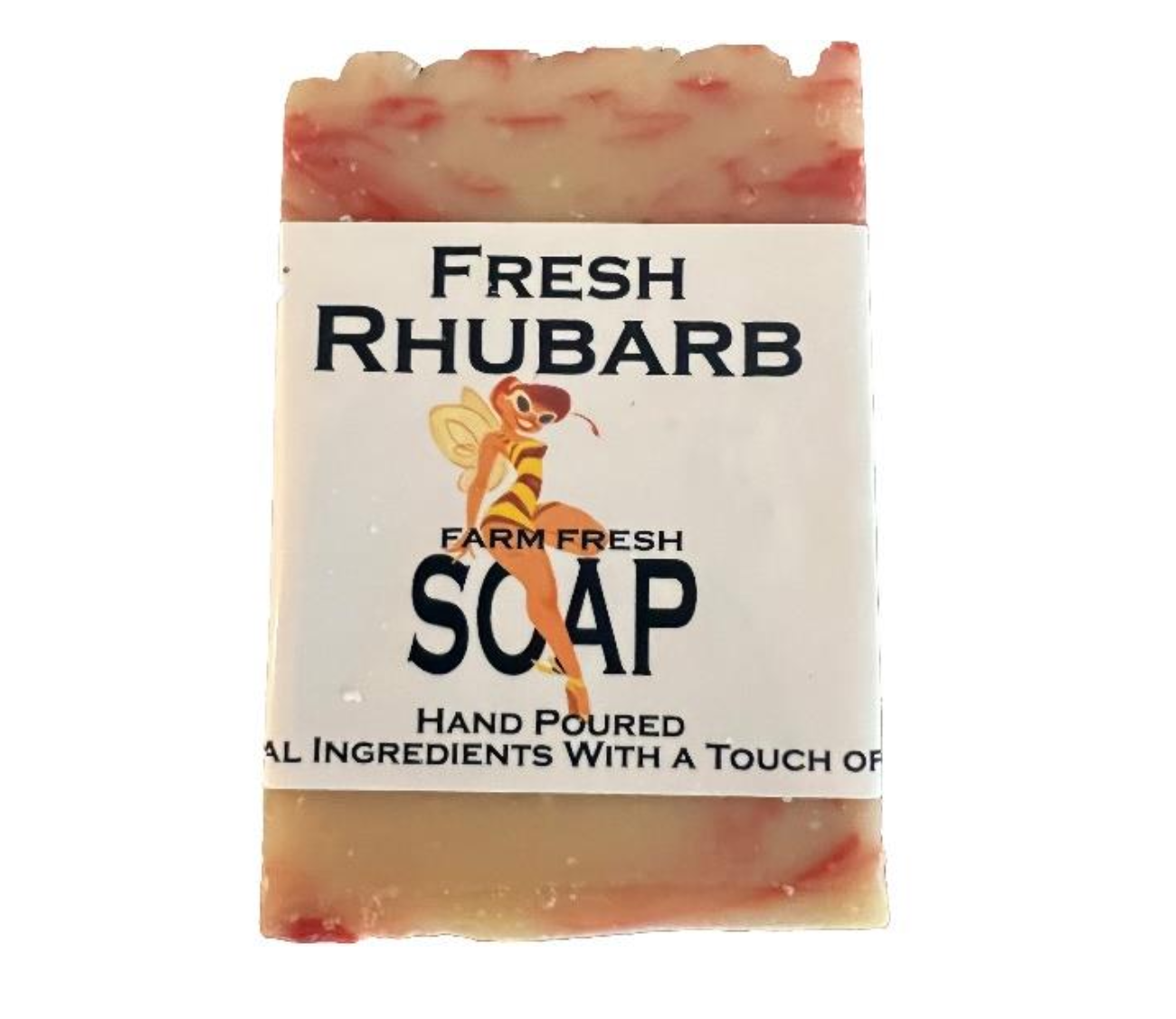 Bar of fresh rhubarb scented handmade soap.