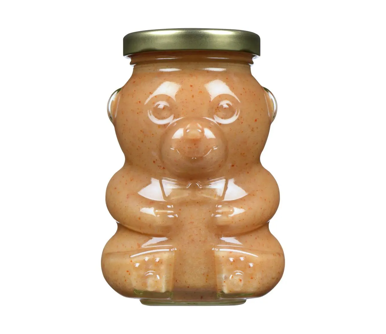 A bear-shaped jar filled with honey.